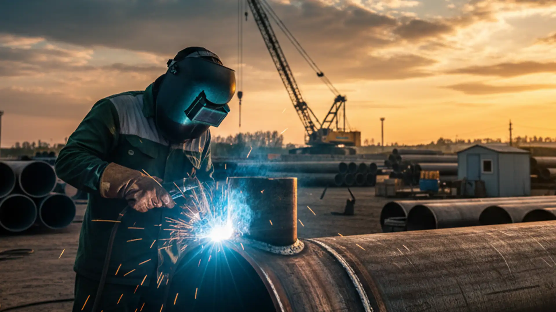 Welder working on large diameter steel pipe with bright arc flash